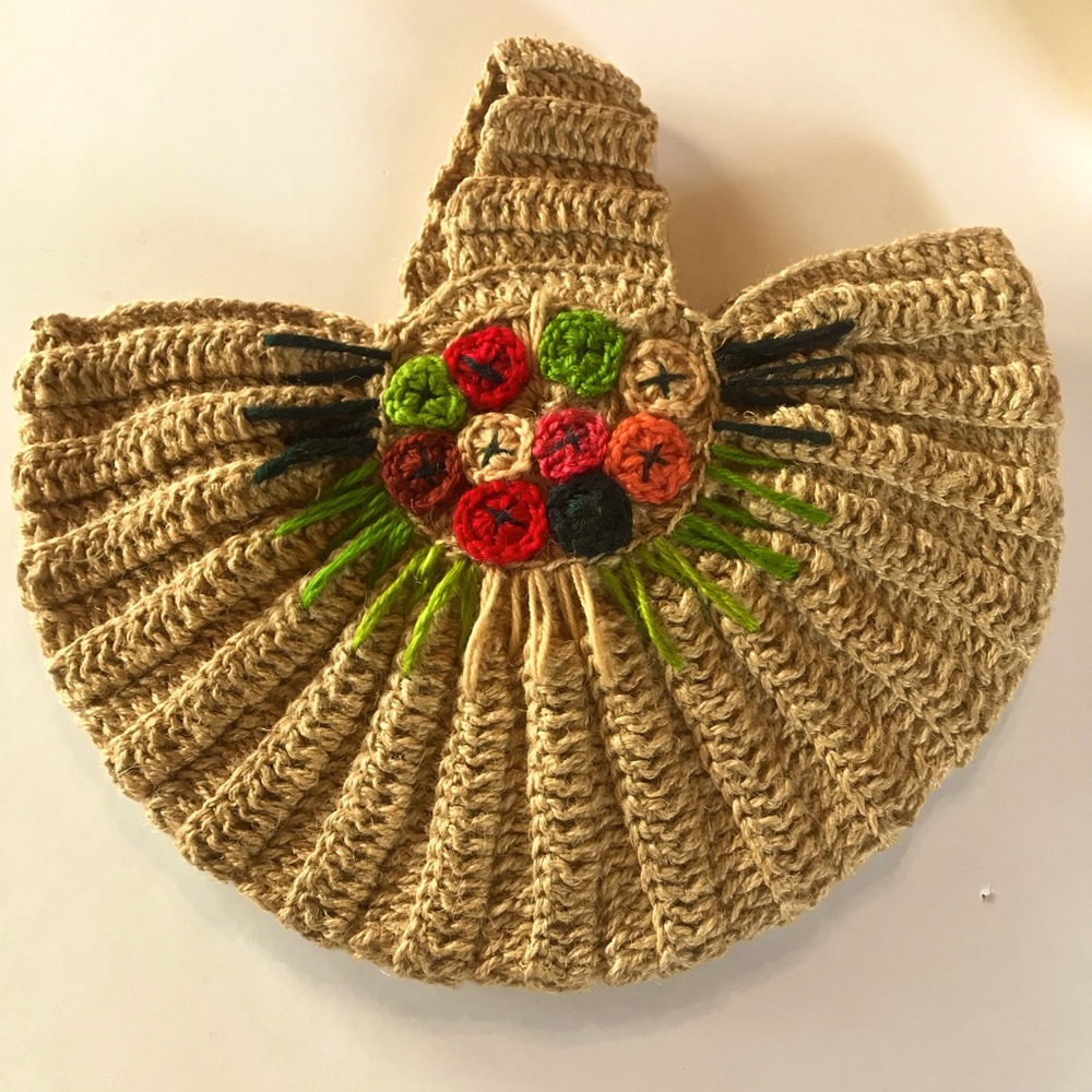 Vintage Crochet handbag- tan, red, green, orange
